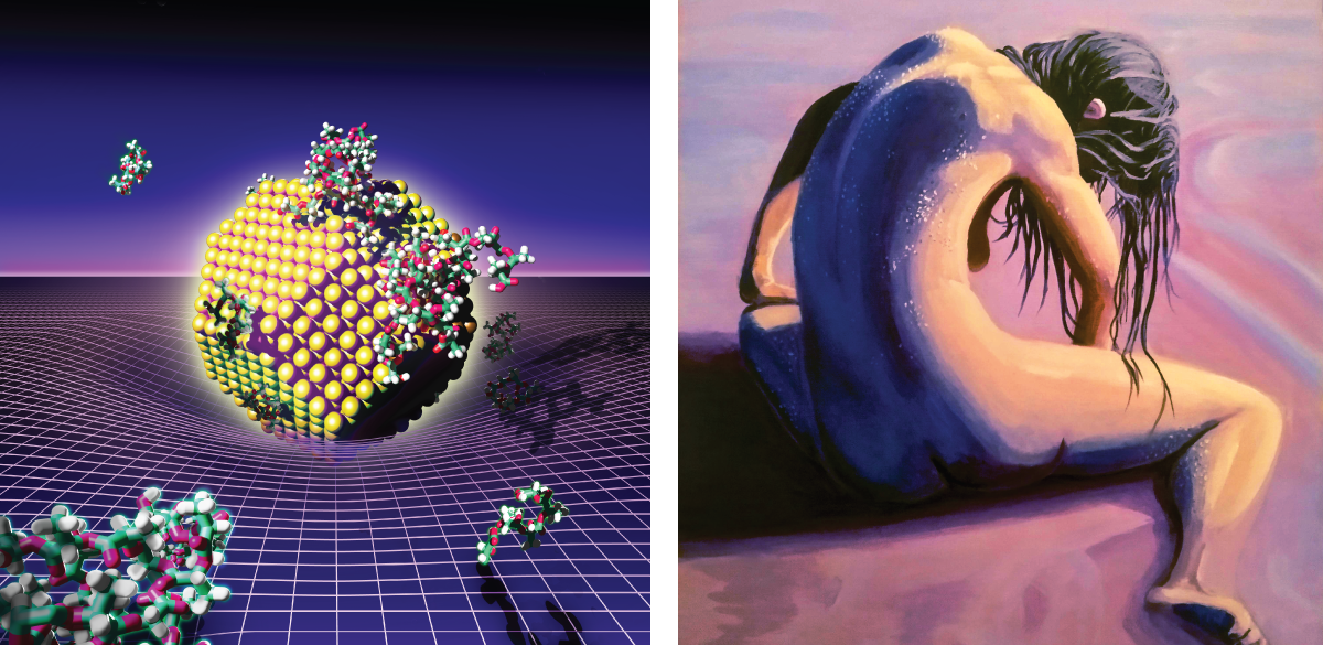 This is a snapshot of the work resulting from my passions. On the left you can see our cover of the scientific journal esteemed scientific journal ACS Omega, featuring our published research (https://doi.org/10.1021/acsomega.2c05218) on polymer adsorption on gold nanoparticles. On the right I have shared one of my paintings (acrylic on canvas), where I tried to use vibrant tones of purple, blue, and yellow to represent a model with a closed-in, introspective posture.
